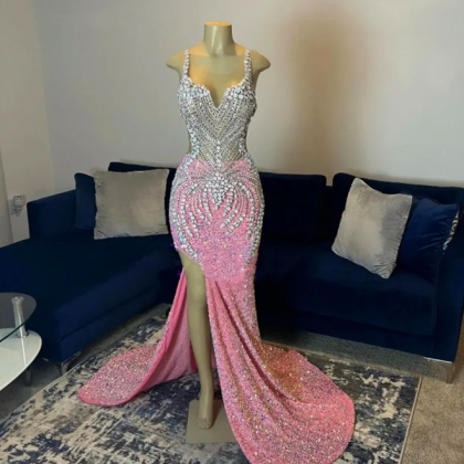 Rhinestones Luxury Prom Dresses, Pink Prom..