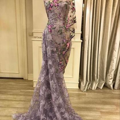 Purple Lace Prom Dresses, Embrodiery Applique Prom..
