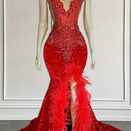 Red Rhinestones Prom Dresses, Luxury Diamonds..