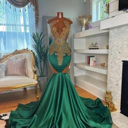 Green Fashion Prom Dresses, Gold Beading Prom Gown..