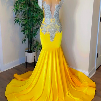 Yellow Tassel Prom Dresses, Rhinestones Diamonds..