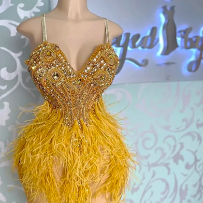 Spaghetti Strap Prom Dresses, Mini Length Feather..