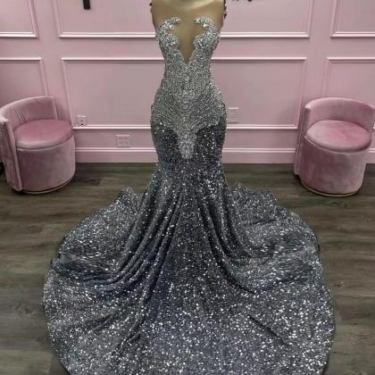 Silver Beading Prom Dresses, Gray Sparkly Prom..