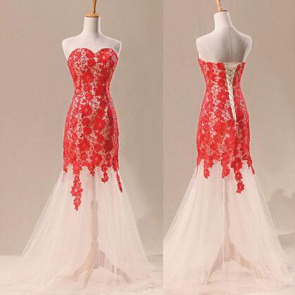 Mermaid Sexy Red Lace Evening Dress, Elegant Long..