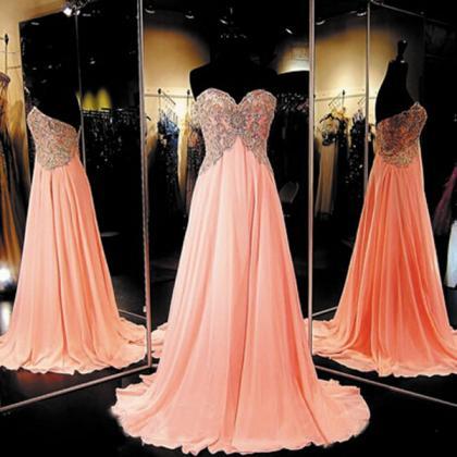 Long Chiffon Coral Prom Dress, Elegant Prom..