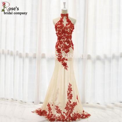 Red Lace Evening Dress, Sexy Evening Dresses, Long..