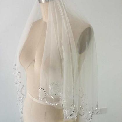 Two Layers Bridal Veils, Crystals Edge Wedding..