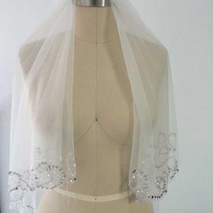 Two Layers Bridal Veils, Crystals Edge Wedding..