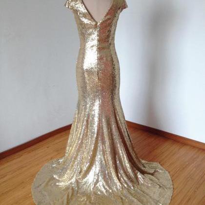 Gold Sequin Bridesmaid Dress, Cap Sleeve..