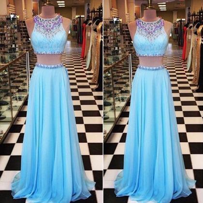 Blue Prom Dress, Two Piece Prom Dresses, Lace Prom..