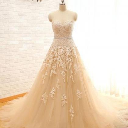 Champagne Prom Dress, A Line Prom Dress, Lace..