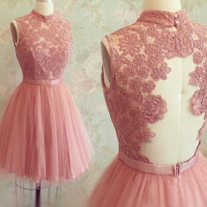 Pink Homecoming Dress, Lace Applique Homecoming..