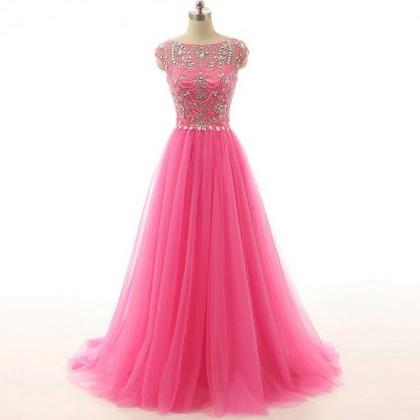 Cap Sleeve Prom Dress, Pink Prom Dress, Beaded..