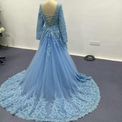 Blue Evening Dress, Detachable Evening Dress, Lace..