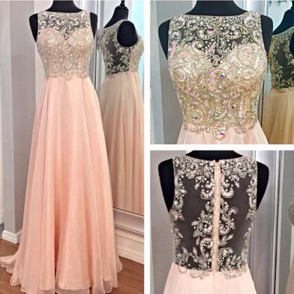 Pink Prom Dress, Rhinestones Prom Dress, Chiffon..