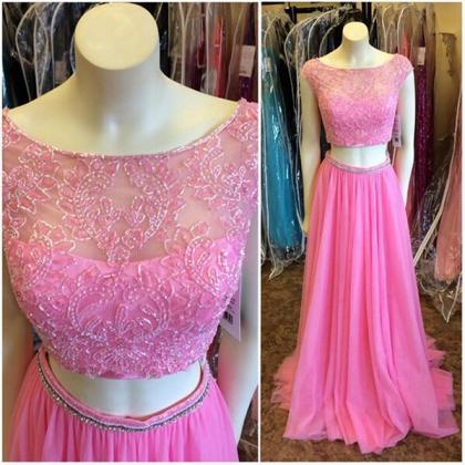 Pink Prom Dress, Lace Prom Dress, Cap Sleeve Prom..