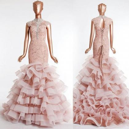 Pink Lace Evening Dress, Tiered Evening Dress,..