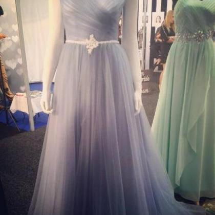 Dusty Blue Prom Dress, Cap Sleeve Prom Dress, V..