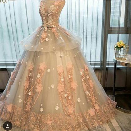 Floral Prom Dresses, Light Silver Prom Dress, Pink..