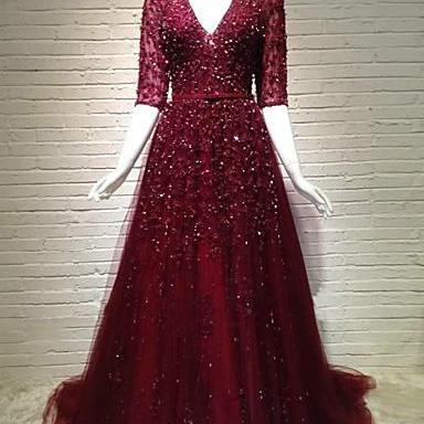 Burgundy Prom Dress, Sparkly Prom Dress, Beaded..