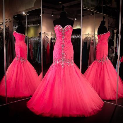 Mermaid Evening Dress, Tulle Evening Dress, Pink..