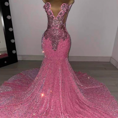 Vestidos De Fiesta, Pink Sparkly Prom Dresses, Luxury Birthday Party Dresses, Beaded Prom Dresses, Crystals Prom Dress, Rhinestone Embellished Gown, Elegant Prom Dresses, Formal Occasion Dresses, Black Girls Fashion Party Dresses, Robes De Soiree