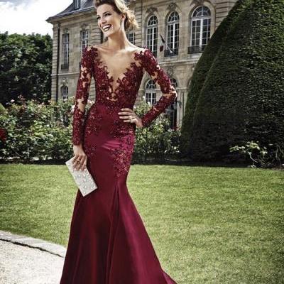 Wine Red Evening Dresses, V Neck Prom Dresses, Bling Bling Party Dresses, Long Sleeve Formal Dresses, Mermaid Evening Gowns, 2016 New Fashion Dress