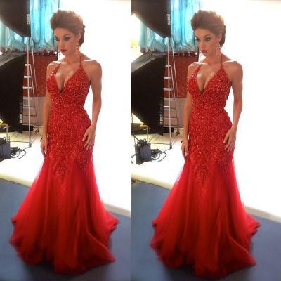 Sexy Red Mermaid Evening Dresses, V Neck Party Dresses, Beading Sequins Prom Dresses, Backless Evening Gowns, Floor Length Formal Dresses
