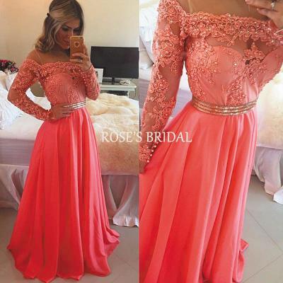 Long Sleeve Coral Lace Prom Dress, Elegant Prom Dresses, Cheap Prom Dress, Prom Dresses 2016, Formal Party Dresses