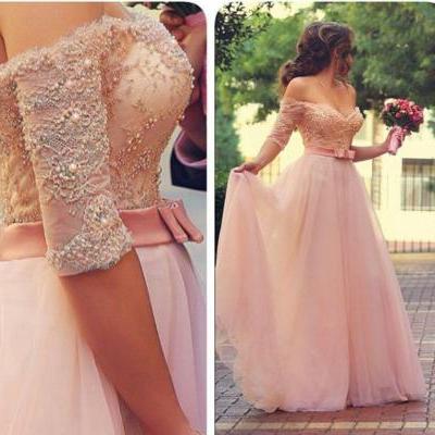 A Line Tulle Pink Prom Dress, Cheap Prom Dress, Elegant Prom Dress With Sleeves, Long Prom Dress, Evening Gowns, Women Dresses