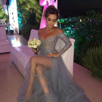 Grey Tulle Sexy Evening Dress, Long Evening Dress With Side Slit, Deep V Neck Prom Dress, Cheap Evening Dress, Sparkly Prom Dress, Glittery Prom Gowns