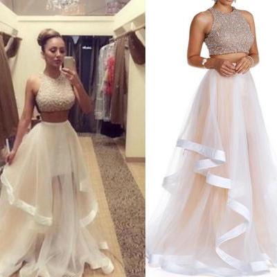 Champagne Prom Dress, Two Piece Prom Dresses, Long Prom Dress, Tulle Prom Gowns, Sexy Formal Dresses, Cheap Prom Gowns