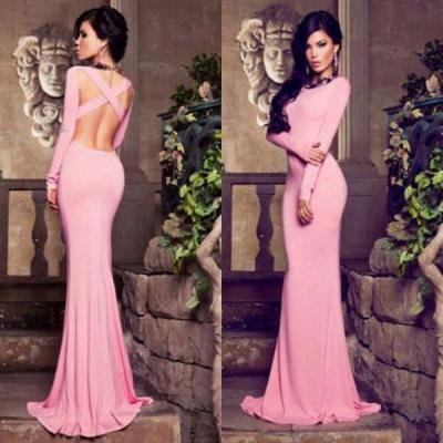 Long Sleeve Pink Evening Dress, Jersey Evening Dress, Mermaid Evening Dresses, Backless Evening Dress, Formal Dress 2016, Long Evening Gowns
