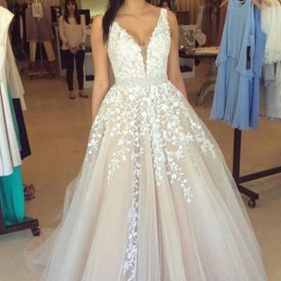 Lace Applique Prom Dress, A Line Prom Dress, V Neck Prom Dress, Tulle Prom Dress, Elegant Prom Dresses, Cheap Prom Dresses, 2017 Prom Dresses
