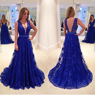 Deep V Neck Prom Dress, Lace Prom Dress, Royal Blue Prom Dress, Elegant Prom Dress, A Line Prom Dress, Cheap Prom Dress, Prom Dresses 2017, Long Prom Dress