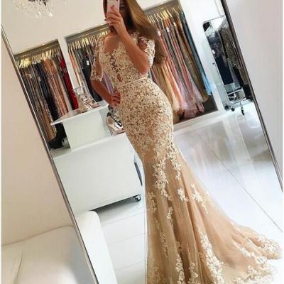 Champagne Evening Dress, Lace Evening Dress, Mermaid Evening Dress, Tulle Evening Dress, Long Evening Dress, Half Sleeve Evening Gown, Formal Party Dresses 2017