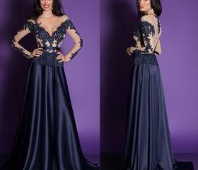 prom dress dresses sheer satin navy sleeve lace