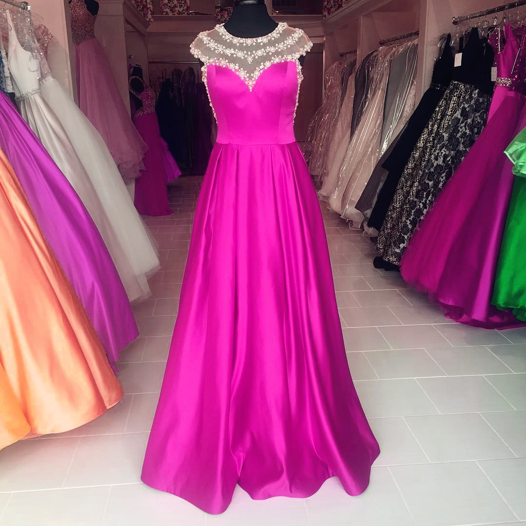 A Line Prom Dress, Crystals Prom Dress, Pink Prom Dress, Cap Sleeve Prom Dress, Satin Prom Dress, Elegant Prom Dress, Prom Dresses For Women,