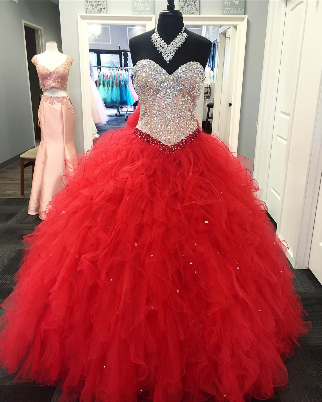 Princess Prom Ball Gown, Red Quinceanera Dresses, Sweet 16, Rhinestones Prom Dress, Sweet 18 Dresses, Sparkly Prom Dress, Tiered Prom Dress, 2023