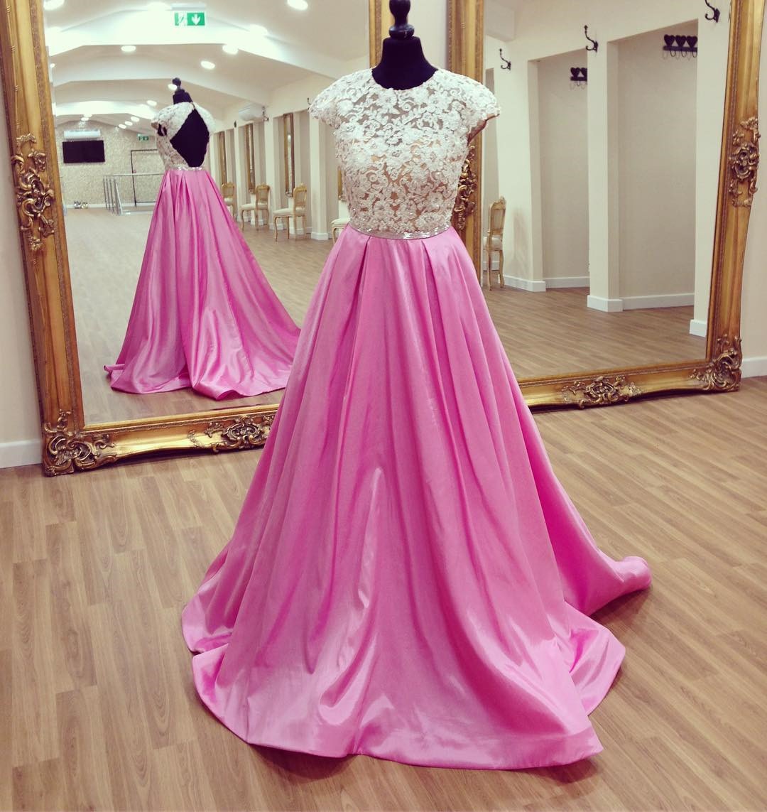 Pink Prom Dress, Cap Sleeve Prom Dress, Elegant Prom Dress, Lace Prom Dress, A Line Prom Dress, Floor Length Prom Dress, Long Prom Dress, O Neck
