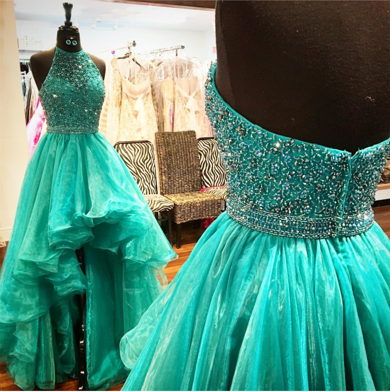 Halter Prom Dress, Sexy Prom Dress, Beaded Prom Dress, Crystal Prom Dress, Backless Prom Dress, High Low Prom Dress, Emerald Green Prom Dress,