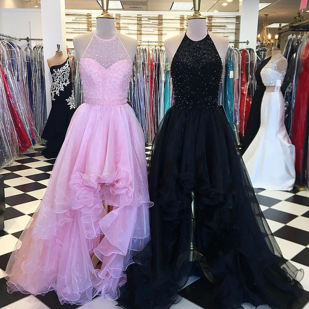 Pink Prom Dress, High Low Prom Dress, Beaded Prom Dress, Halter Prom Dress, Organza Prom Dress, A Line Prom Dress, Prom Ball Gown, Elegant Prom