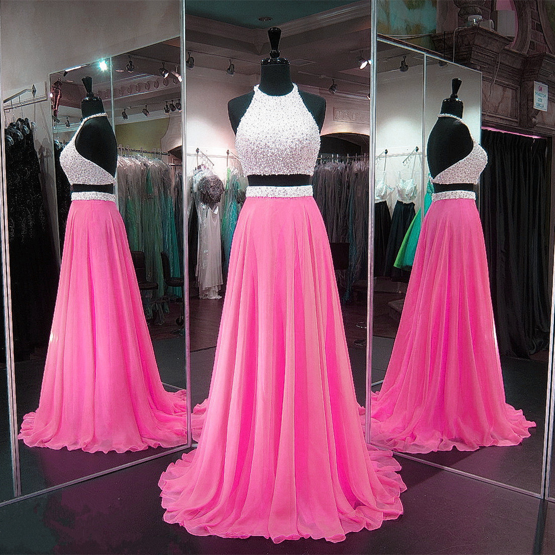 Pink Prom Dresses, Elegant Prom Dress, Floor Length Prom Dress, Chiffon Prom Dress, 2 Piece Prom Dresses, Beaded Prom Dress, A Line Prom Dress