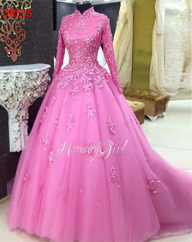 High Neck Prom Dress, Muslim Prom Dress, Elegant Prom Dress, A Line Prom Dress 2022, Pink Prom Dress, Lace Applique Prom Dress, Elegant Prom