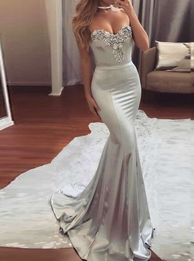 silver satin evening gown