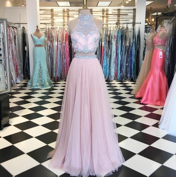 High Neck Prom Dress, Pink Prom Dress, Tulle Prom Dress, A Line Prom Dress, Beaded Prom Dress, Custom Make Prom Dress, Two Piece Prom Dress,