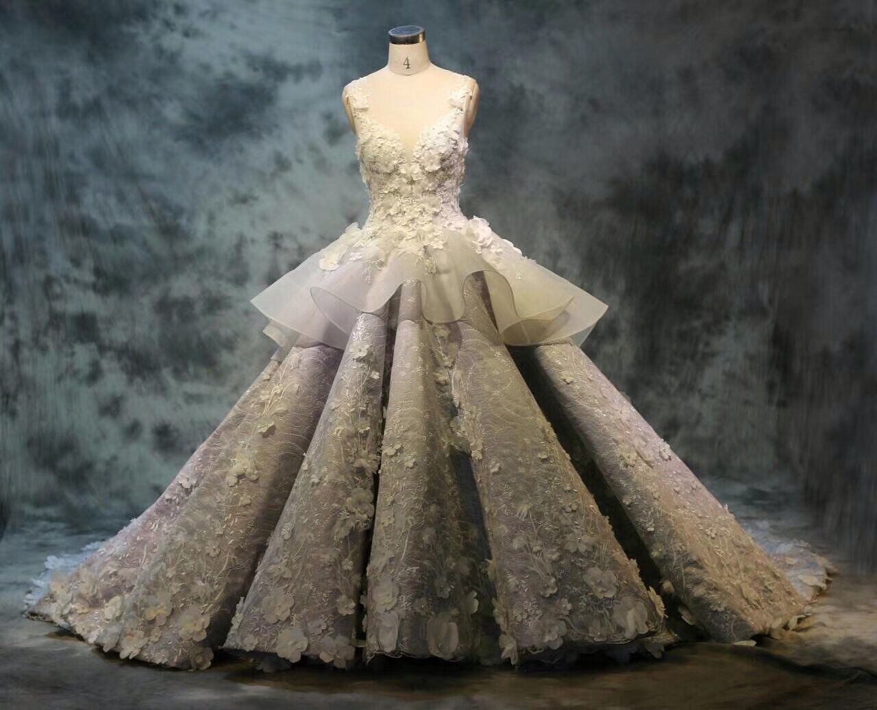 Luxury Wedding Dress, Wedding Ball Gown, Elegant Wedding Dress, Lace Applique Wedding Dress, Gray Wedding Dress, Wedding Dresses For Women,
