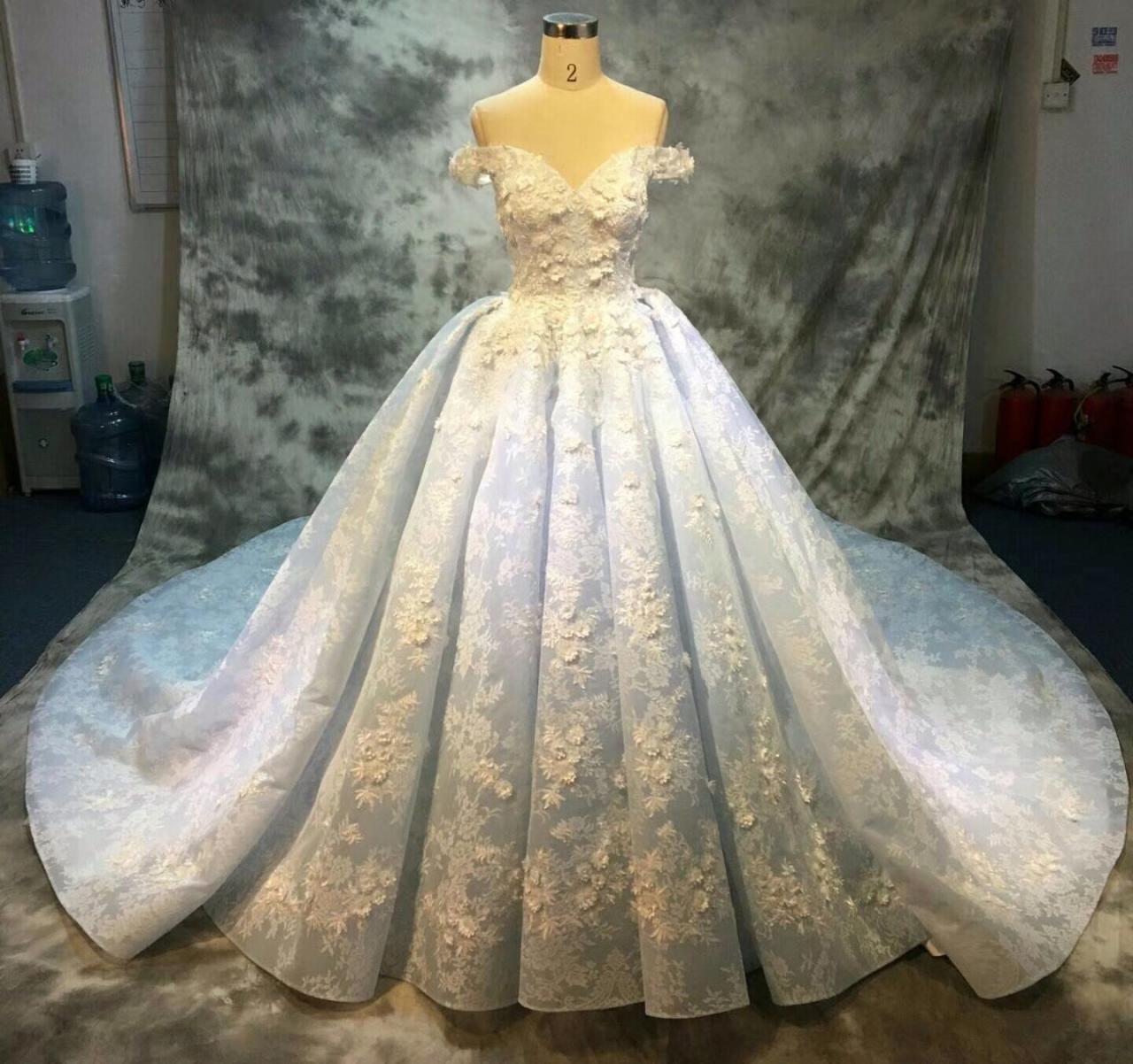 Off Shoulder Wedding Dress, Lace Wedding Dress, Blue Wedding Dress, Applique Wedding Dress, Wedding Ball Gown, Real Photo Wedding Dress, Gorgeous
