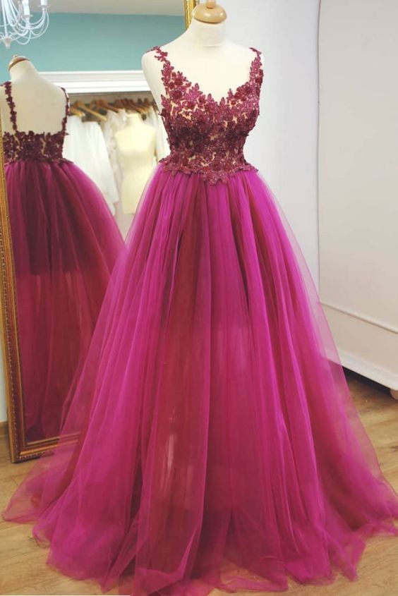 V Neck Prom Dress, Beaded Prom Dress, Pink Prom Dress, Tulle Prom Dresses, Robes De Cockatil, Lace Applique Prom Dress, Elegant Prom Dress, Prom