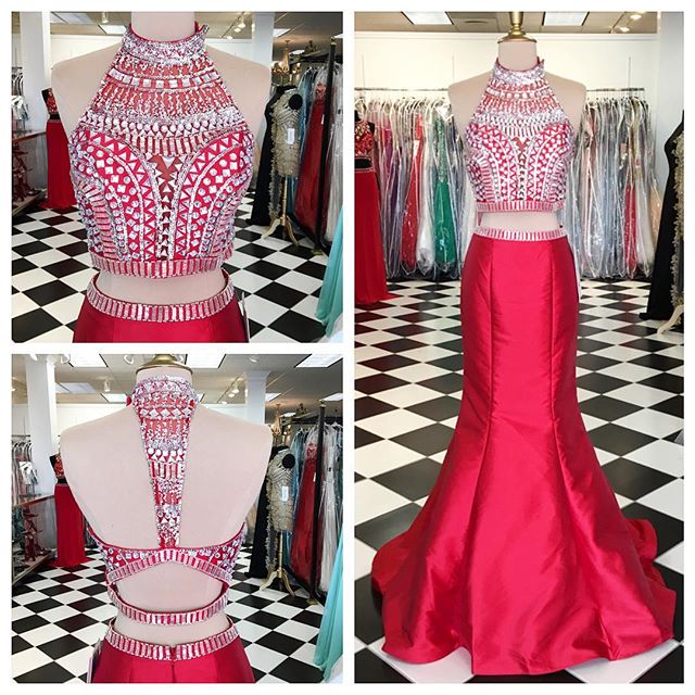 2 Piece Prom Dress, Beaded Evening Dress, Mermaid Evening Dress, Women Formal Dress, Evening Dresses 2023, Vestido De Festa, Red Evening Dress,
